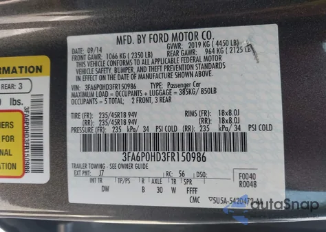 2015 Ford Fusion Se z USA, uszkodzony, nr VIN 3FA6P0HD3FR150986